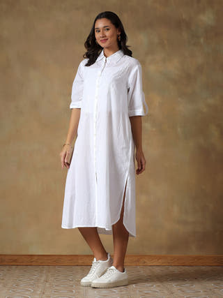 White Cotton Chikankari Straight Fit Shirt Dress