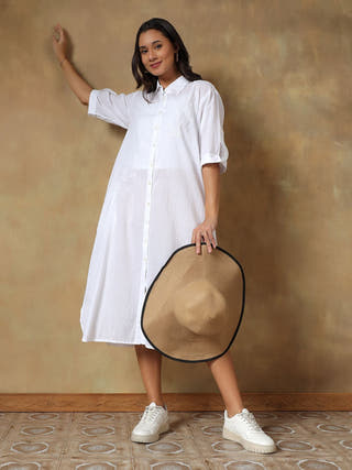 White Cotton Chikankari Straight Fit Shirt Dress