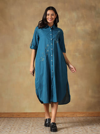 Teal Cotton Chikankari Straight Fit Shirt Dress