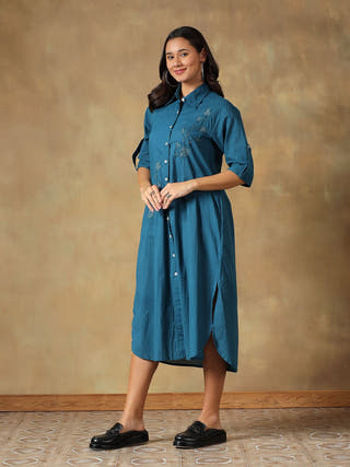 Teal Cotton Chikankari Straight Fit Shirt Dress