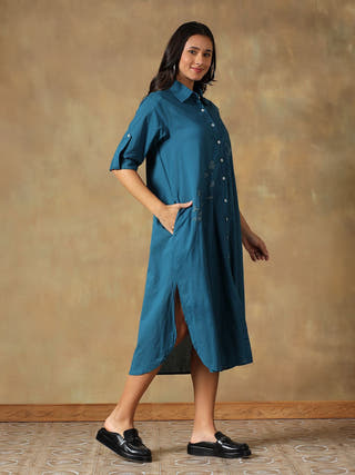 Teal Cotton Chikankari Straight Fit Shirt Dress