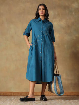 Teal Cotton Chikankari Straight Fit Shirt Dress