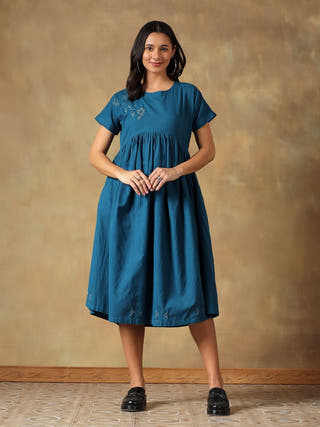 Teal Cotton Chikankari Dress