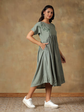 Green Cotton Chikankari Dress