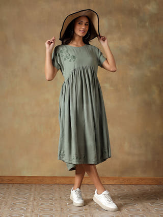 Green Cotton Chikankari Dress