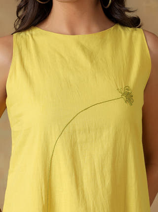 Yellow Cotton Handcrafted Chikankari Racerback Dress