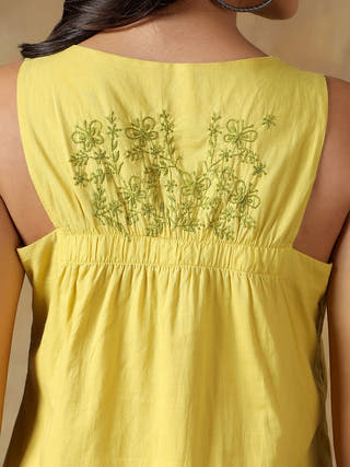 Yellow Cotton Handcrafted Chikankari Racerback Dress