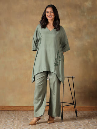 Green Handcrafted Freesize Kaftan Top with Pant