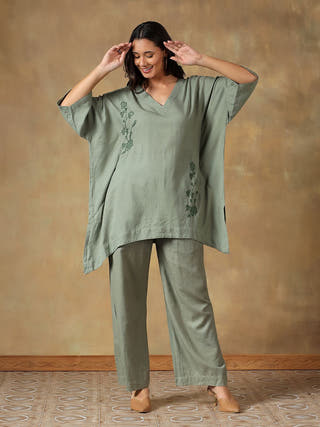 Green Handcrafted Freesize Kaftan Top with Pant