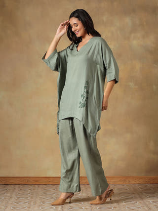 Green Handcrafted Freesize Kaftan Top with Pant