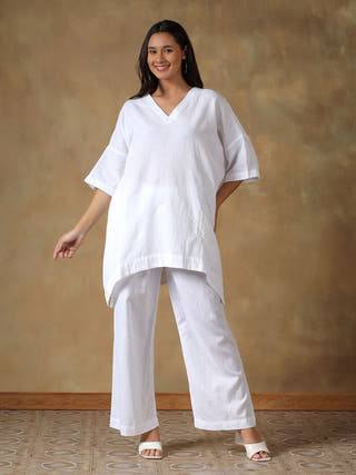 White Handcrafted Freesize Kaftan Top with Pant