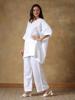 White Handcrafted Freesize Kaftan Top with Pant