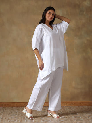 White Handcrafted Freesize Kaftan Top with Pant