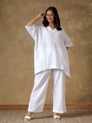 White Handcrafted Freesize Kaftan Top with Pant