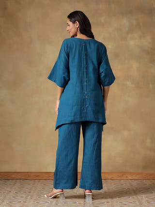 Teal Handcrafted Freesize Kaftan Top with Pant
