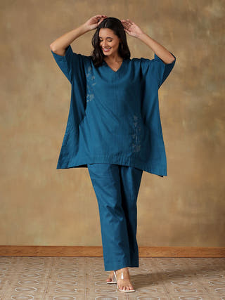 Teal Handcrafted Freesize Kaftan Top with Pant