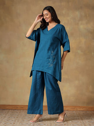 Teal Handcrafted Freesize Kaftan Top with Pant