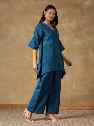 Teal Handcrafted Freesize Kaftan Top with Pant