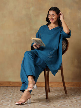 Teal Handcrafted Freesize Kaftan Top with Pant