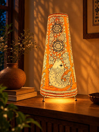 Fish And Floral Tholu Bommalata Table Lamp - Yellow