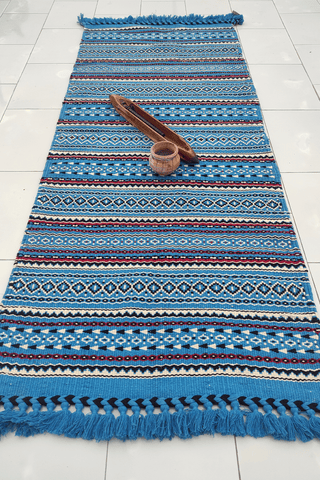 Handwoven Punja Durrie Blue Kutchi Carpet