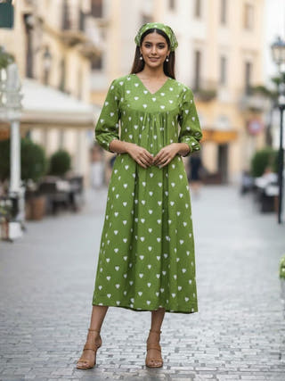 May Green Gathered Cotton Midi Dress