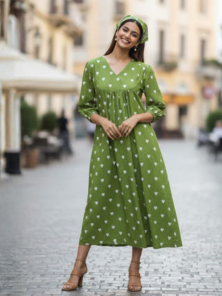 May Green Gathered Cotton Midi Dress