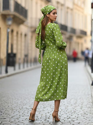 May Green Gathered Cotton Midi Dress