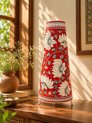 Lotus Hand Painted Leather Table Lamp - Red