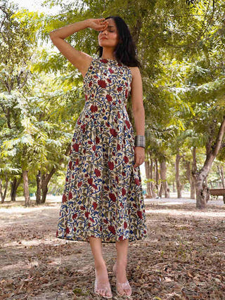 Doris Fit-and-flare Kalamkari Dress Sivaka India Beige