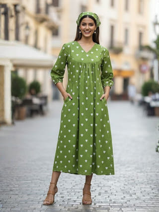 May Green Gathered Cotton Midi Dress