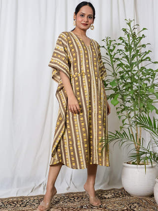Siona Ajrakh Kaftan Dress Sivaka India Cream