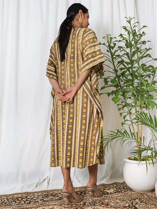 Siona Ajrakh Kaftan Dress Sivaka India Cream