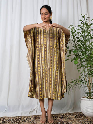 Siona Ajrakh Kaftan Dress Sivaka India Cream