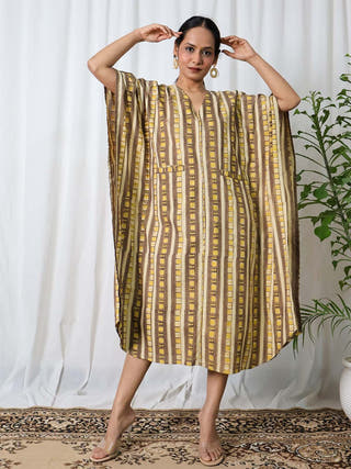 Siona Ajrakh Kaftan Dress Sivaka India Cream