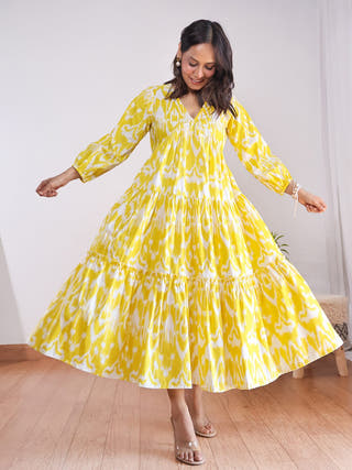 Lemonade Dream Ikat Cotton Dress Sivaka India Yellow