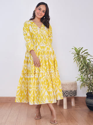 Lemonade Dream Ikat Cotton Dress Sivaka India Yellow