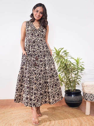 Natalie Bohemian Cotton Flared Dress Sivaka India Beige