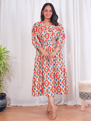 Joy Cotton Ikat Midi Dress Sivaka India Beige