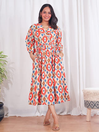 Joy Cotton Ikat Midi Dress Sivaka India Beige