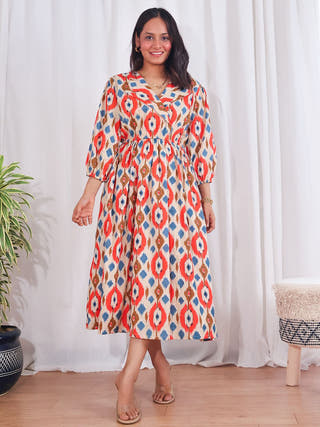Joy Cotton Ikat Midi Dress Sivaka India Beige