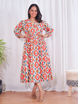 Joy Cotton Ikat Midi Dress Sivaka India Beige