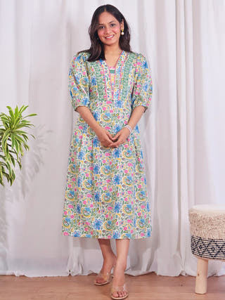 Tulip Garden Fit-and-Flare Dress Sivaka India White