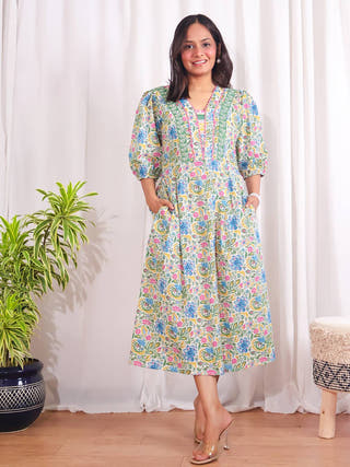 Tulip Garden Fit-and-Flare Dress Sivaka India White