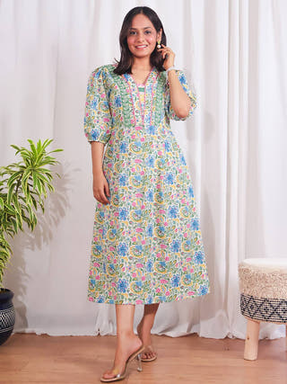 Tulip Garden Fit-and-Flare Dress Sivaka India White