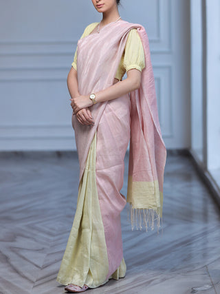 Linen Zari Saree Pink Yellow Kasia