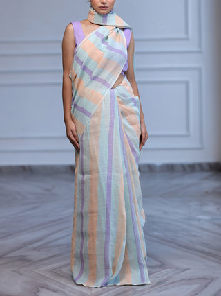 Striped Linen Zari Saree Multi Coloured Kasia