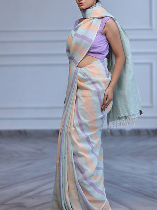 Striped Linen Zari Saree Multi Coloured Kasia
