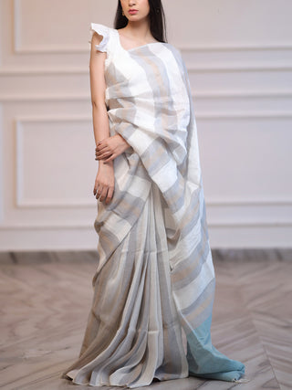 Striped Linen Saree White Grey Kasia