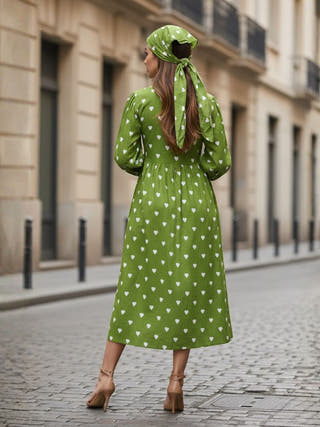 May Green Gathered Cotton Midi Dress